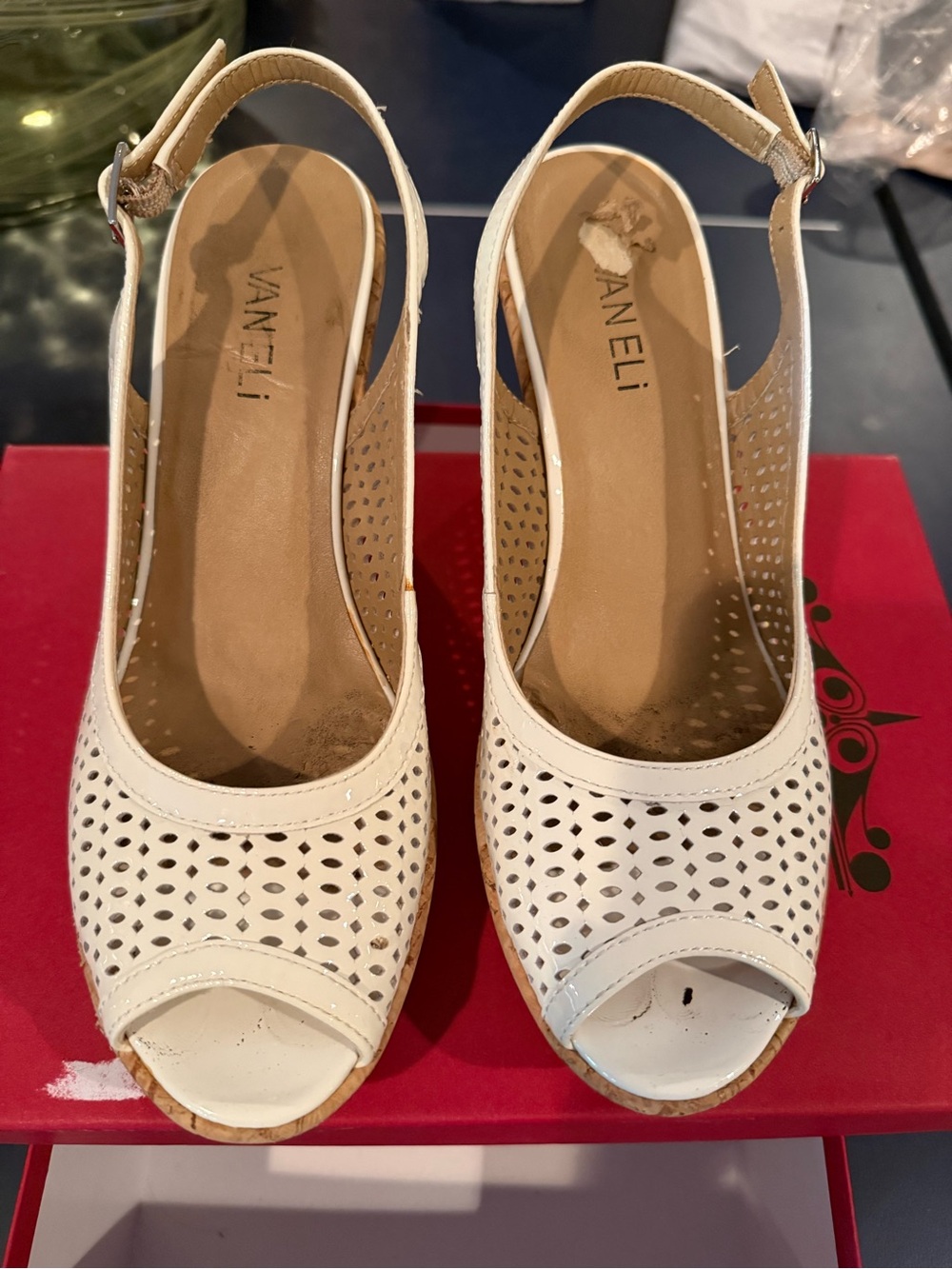 Vaneli Cream Perforated Slingback Peep-Toe Wedges